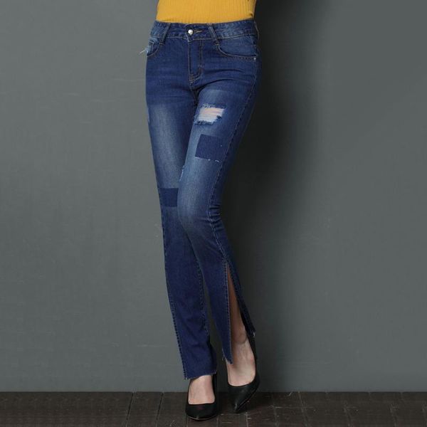 

women's jeans plus size blue ripped trousers women 2021 mid waist vintage side split female woman skinny pencil denim pants
