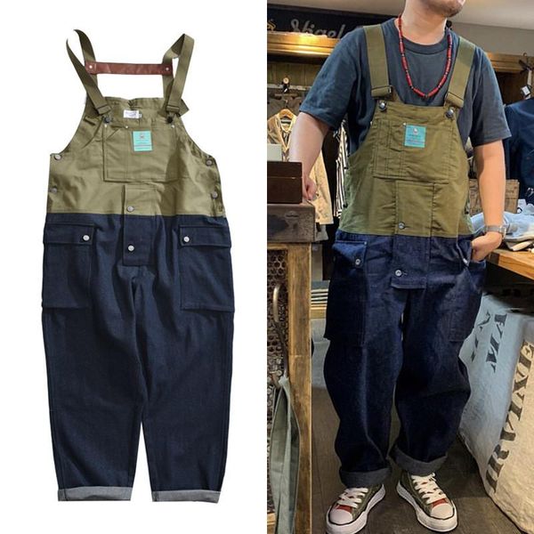 

men's jeans patchwork denim overalls work cargo pants old school easy chic worker multi-pocket bib trousers men casual baggy, Blue
