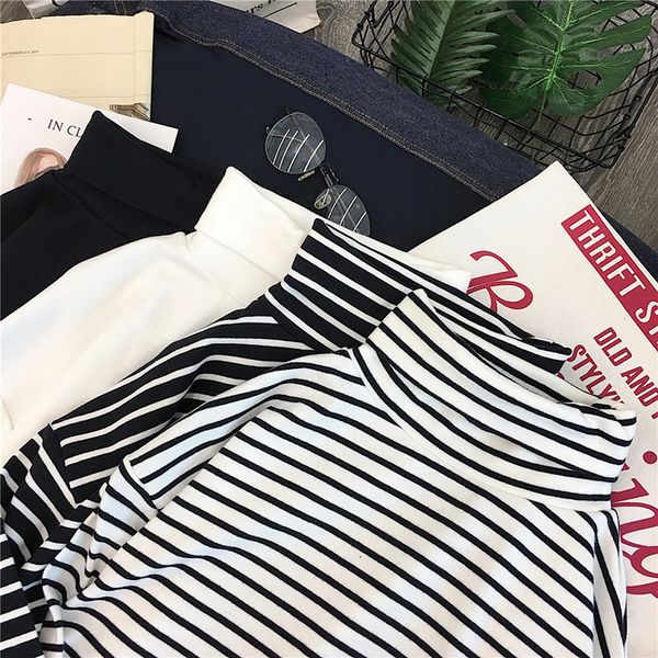 

t-shirts women long sleeve loose striped solid turtleneck womens t-shirt all-match simple leisure korean style trendy chic soft, White