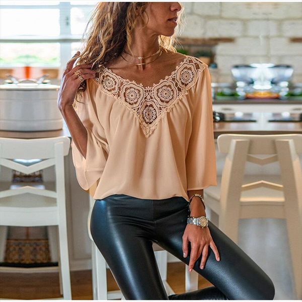 

women lace blouse 3 4 sleeve v neck patchwork hollow blouses elegant chiffon ol spring summer casual solid female plus size, White