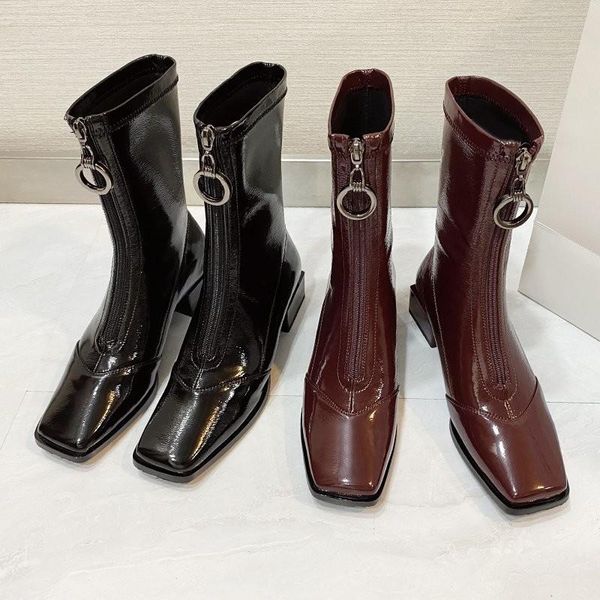 

women shoes net red short boots women thick heel 2020 new patent leather high heel boots square toe martin, Black