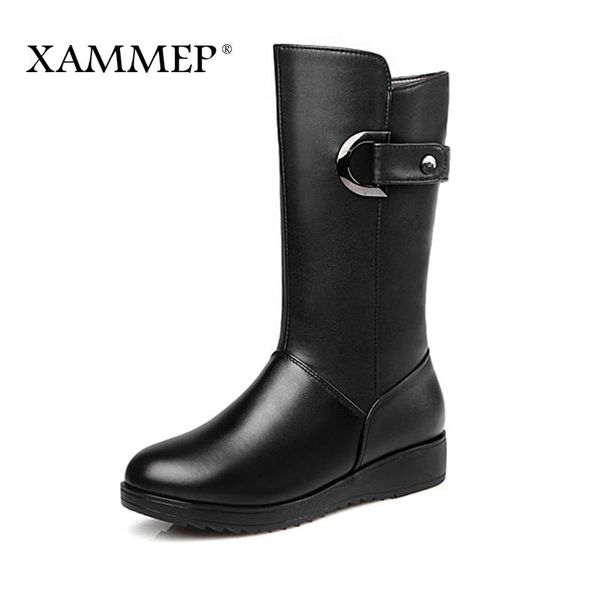 

boots women genuine leather mid calf winter shoes natural wool plush brand with platform 43 xammep, Black