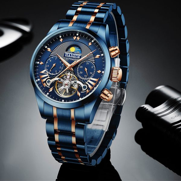 

haiqin 2020 automatic men's watches brand luxury watch blue mechanical wristwatch men waterproof reloj hombre tourbillon, Slivery;brown