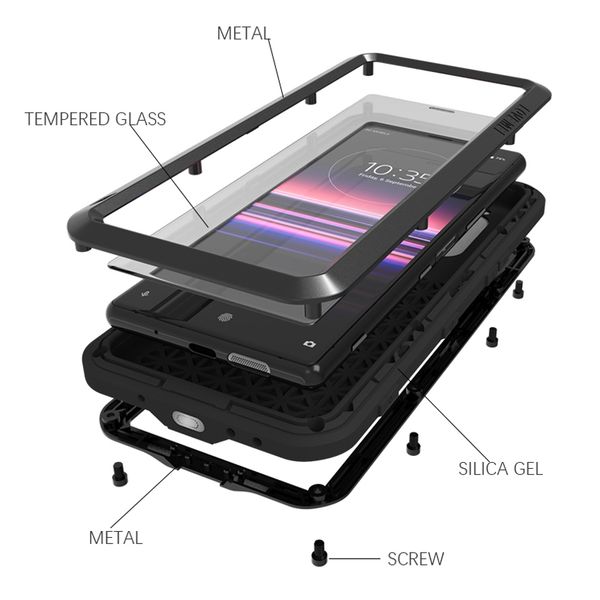 

love mei metal 10 plus armor shockproof phone cover for sony xperia 5 6.1" rugged full body anti-fall case