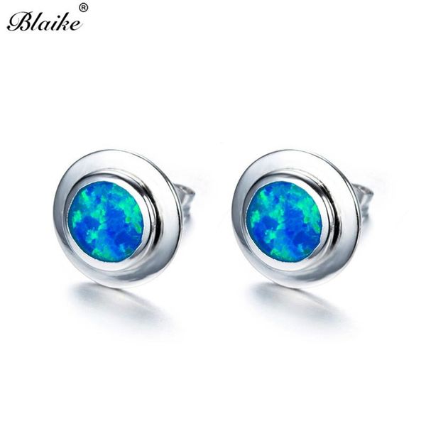 

blaike simple fashion round blue/white fire opal stud earrings for women silver color jewelry birthstone earrings, Golden;silver