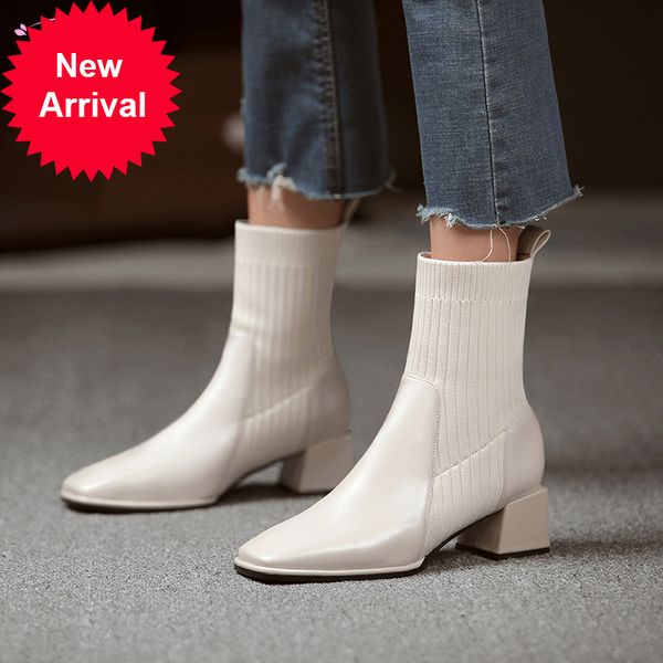 

2021 the new casual square style toe ankle fashion elastic knitting slip-in-the-middle heel thick motorcycle boots women's size shoes n, Black