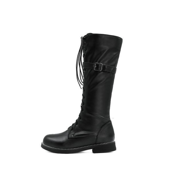 

new 2021 pu leather knee high boots buckle fashion cross-tied ladies pumps round toe square heel women shoes size 34-43 73gd, Black