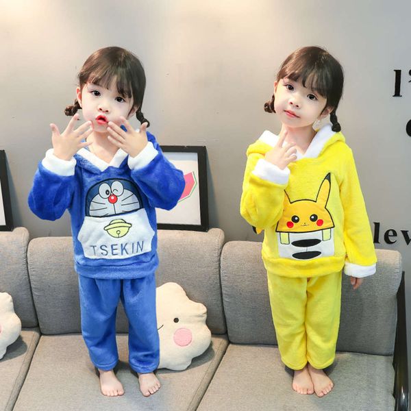 

2020 women's baoqiu winter 1-2 years old pajamas long sve 3 two piece suit 4 baby children's girls' home wear, Blue;red