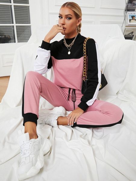 

colorblock mock neck sweatshirt & sweatpants c0d5#, White