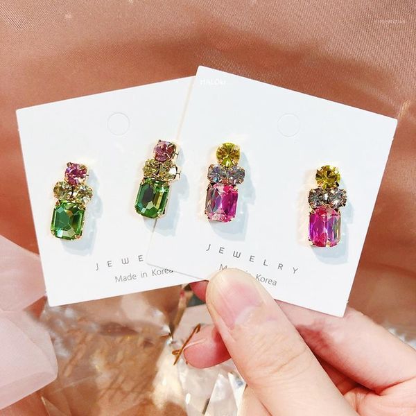 

korean colorful square crystal stud earrings for women pink green zircon crystal oorbellen bride wedding party jewery gifts1, Golden;silver