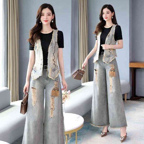 

Women's Two Piece Pants Fashion Denim Women Jeans Sets Autumn Winter Vintage Vest And Wide Leg Ankle Length Female Clothing Suits Top Qualit NPUJ, White