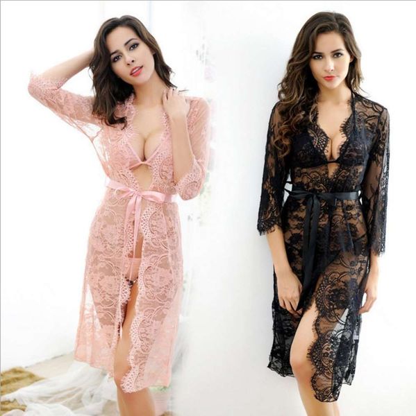 

large 5 color women's fun underwear eyelash nightdress long sleeve lace nightgown suit, Black;red