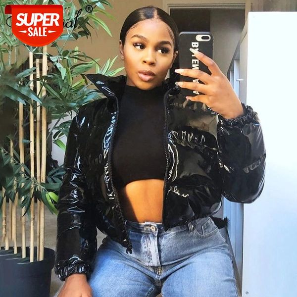 

simenual crop bubble puffer winter jacket coats faux patent leather warm long sleeve women outerwear zipper casual solid parkas #ym16, Black;brown