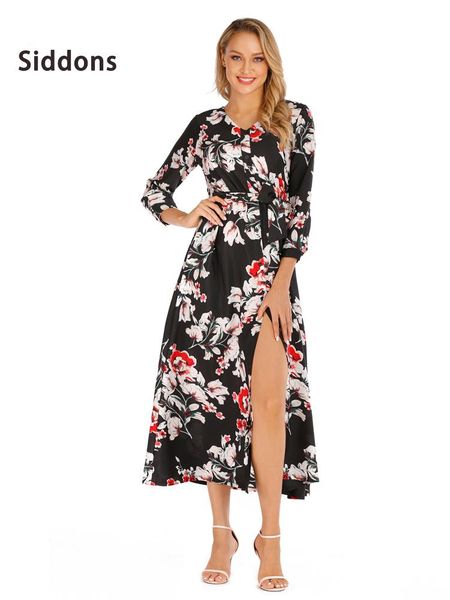 

siddons 2020 bohemian slit beach skirt autumn winter long sleeve printed new women's dress, Black;gray