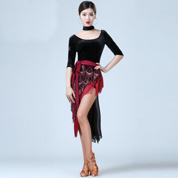 

stage wear fan shu belly dance costume suit practice clothes 2021 autumn mid-sleeved tassel triangle scarf, Black;red