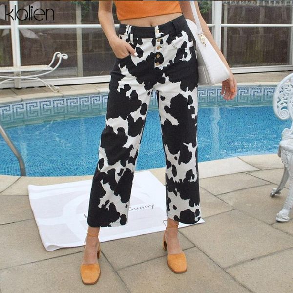 

women's pants & capris klalien autumn fashion casual black white patchwork women wide leg 2021 simple streetwear high waist button pant