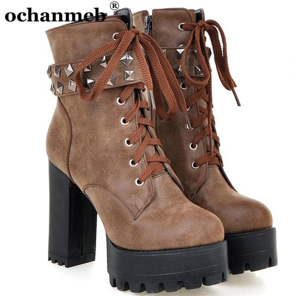 

boots 2021 women rock rivets punk studded platforms chunky heeled shoes woman lady motorcycle female large size 48 booties, Black