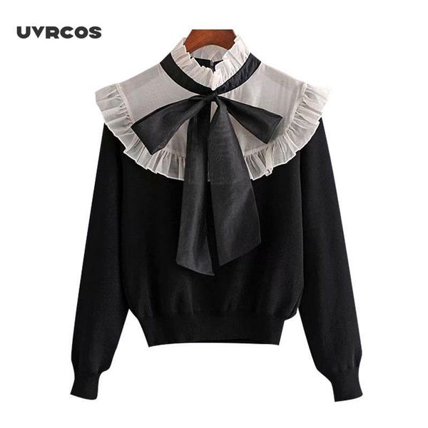 

uvrcos women 2020 fashion organza patchwork ruffled knitted sweater vintage high collar bow tied female pullovers h1211, White;black