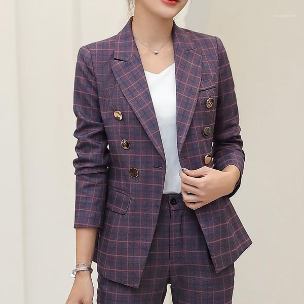 

casual plaid women blazer jacket notched collar double breasted female suit coat fashion outerwear blazer femme jacket 4xl1, White;black