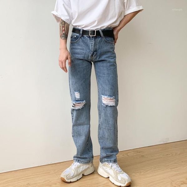 

jeans pant style streetwear hip hop denim trousers moto pants vintage fashion japan korea broken hole straight casual men male1, Blue