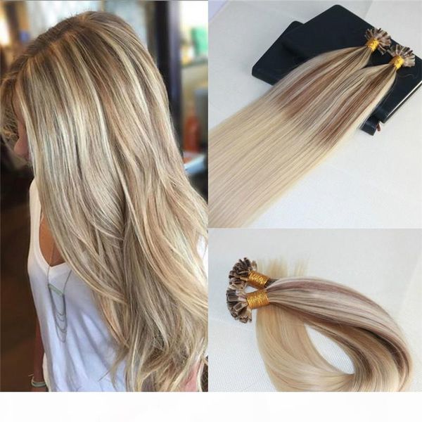 

double drawn omber #10 fading to #613 blonde u-tip prebonded human hair extensions slik straight 100% remy nail keratin hair extensions, Black