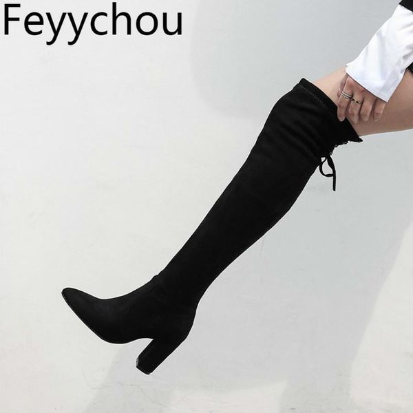 

women boots autumn winter warm super high heel over the knee pointed toe slip on plush 2020 flock new fashion big size34-46, Black