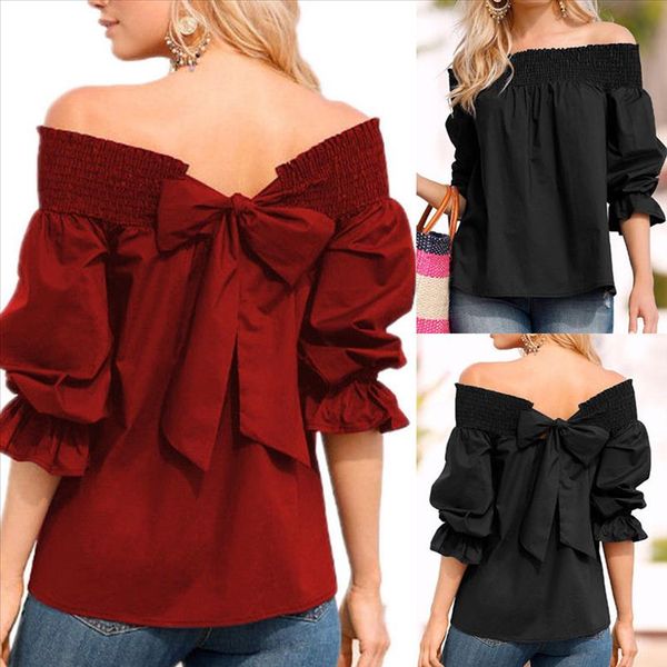 

женская одежда 2020 женская летняя мода с плеч верхняя часть слоеного рукава лук повязка блузка женская одежда, White