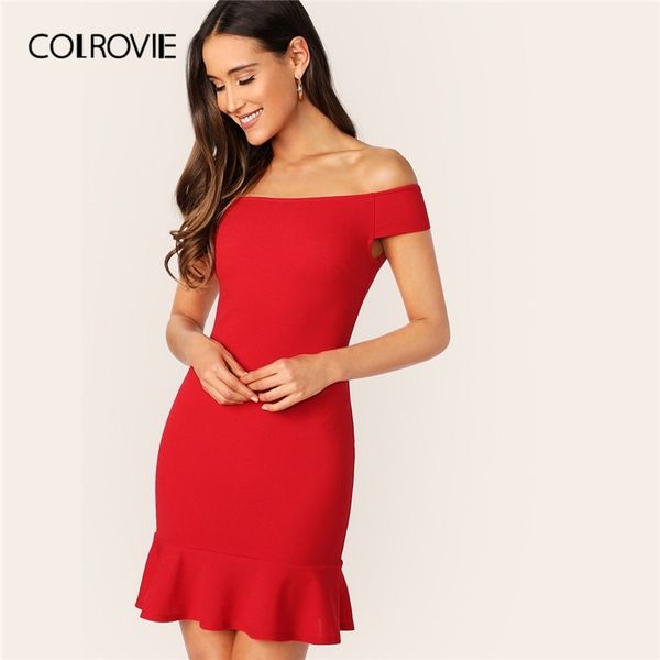 

colrovie red off the shoulder zip back ruffle bodycon party mini dress women summer short sleeve slim fit club dresses y200418, Black;gray