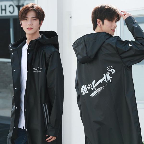 

stylish eva black raincoat fonts pattern outdorr men's long style hiking poncho hooded rain coat long tour waterproof1, Tan;black