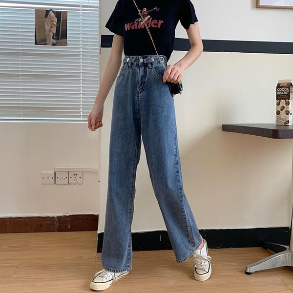 

#7813 casual loose straight jeans woman high waist jeans show thin show high femme wide leg pants, Blue
