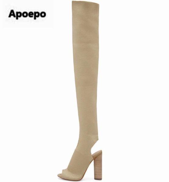 

peep toe long slim leg thigh boots knitted stretch fabric square high heel women over knee slingback socks botas, Black