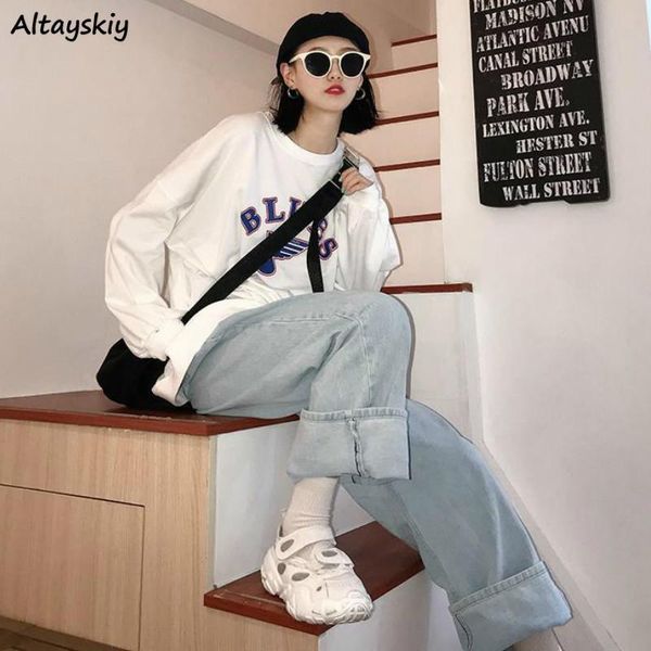 

high waisted jeans women big size 4xl lovely embroidery chic korean teens denim trousers all-match fall harajuku lady streetwear, Blue