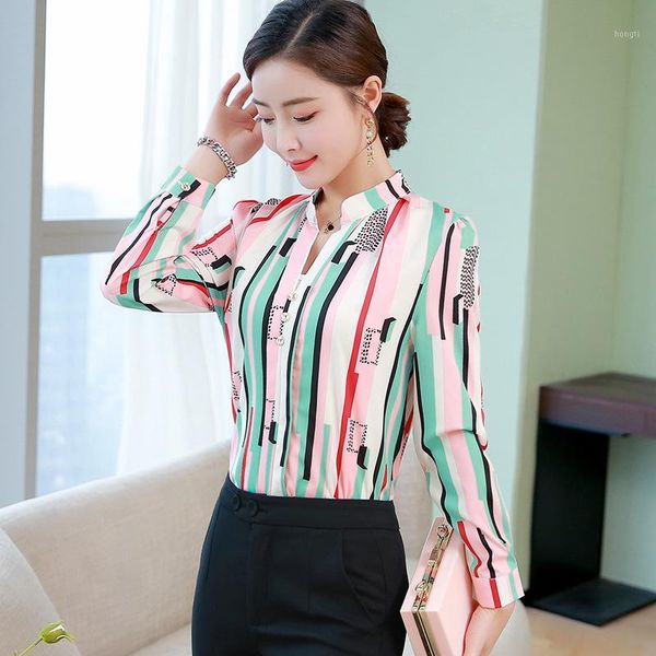 

new 2020 spring autumn women work blouse casual long sleeve slim button multicolor striped shirts fashion korean style, White
