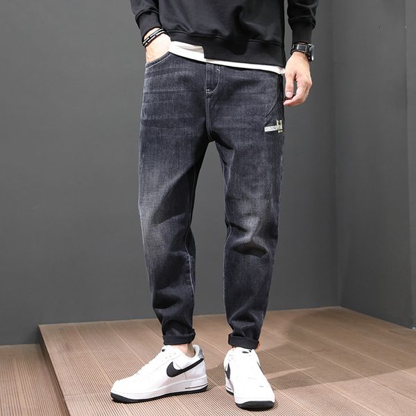 

2021 new fashion men jeans elastic loose fit denim harem pants korean style streetwear hip hop wide leg trousers u96c, Blue