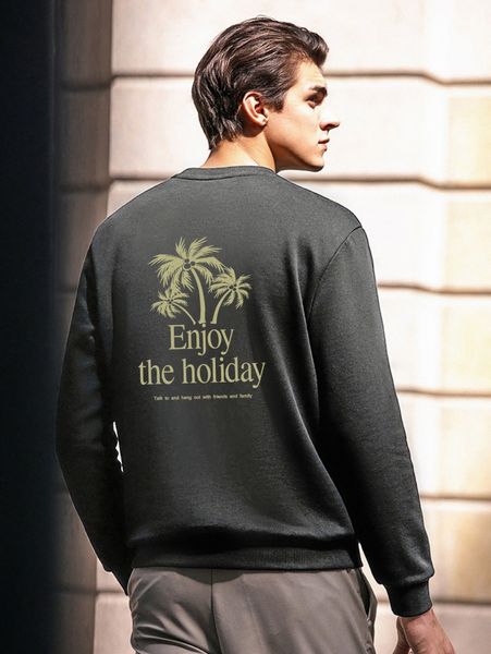 

men coconut tree & slogan graphic sweatshirt z6c4#, Black