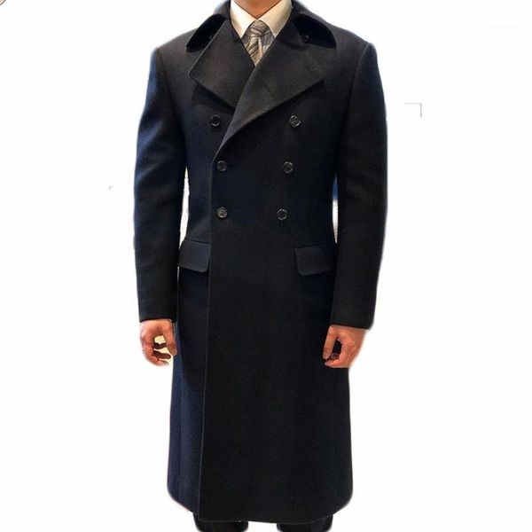 

winter woolen overcoat warm men's double breasted thick loose mid-length smart casual trench coat male jacket1, Black