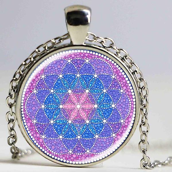 

pendant necklaces fashion cabochon bronze glass multicolor flower of life yoga necklace mandala choker neckless zen jewelry, Silver