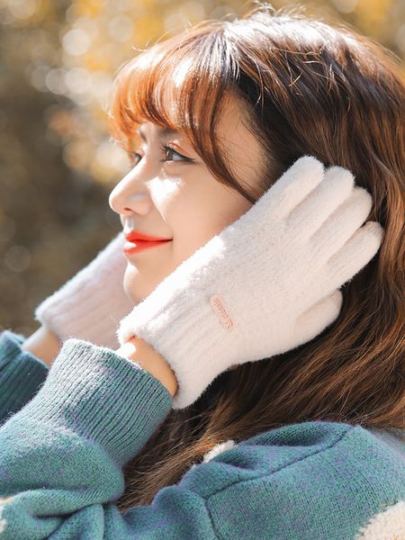 

woolen gloves winter female korean version plush warm touch screen cold proof thickened knitting lovely cycling students in autumn and, Blue;gray