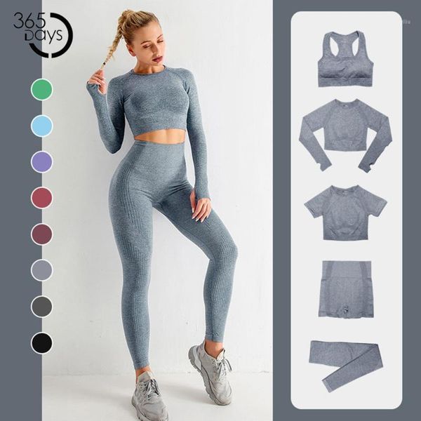 

yoga outfits 365 days 5/3pcs set women fitness seamless tracksuit crop sets leggings suits gym workout clothes for1, White;red