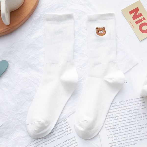 

5k829 1 medium embroidered bear autumn winter women color medium cartoon tube socks curled solid spring pile socks new mdfj0, Black
