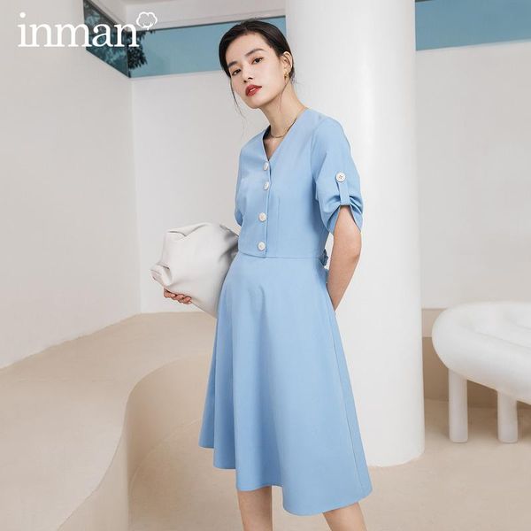 

inman office style 2020 summer new arrial single-breasted short sleeve elegant dress, White;black