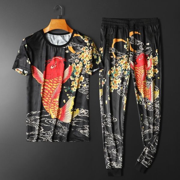 

2020 summer men tracksuit mens sportswears chinese style sets man o-neck t shirt + pants beach tee shirts male print sweatsuits lj201126, Gray