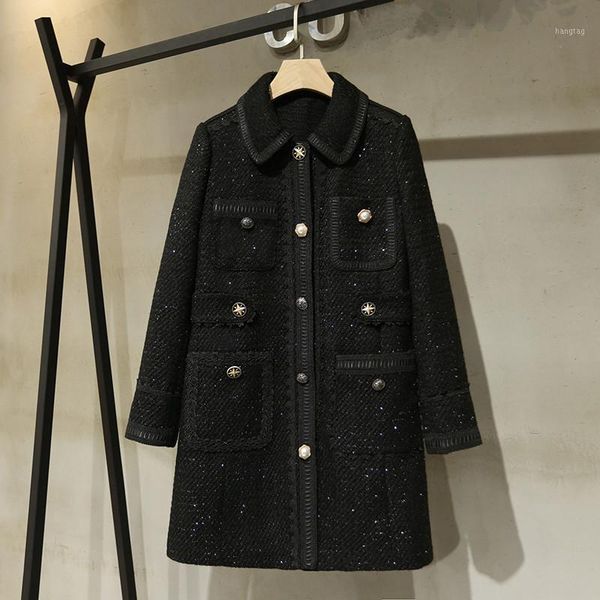 

2020 autumn winter women's tweed coat chic elegant sequins women coat b1191, Black
