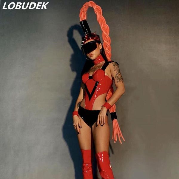 

pu leather bodysuit rivet headdress dance outfit nightclub bar dj singer performance stage wear dj ds dancer party costume, Black;red