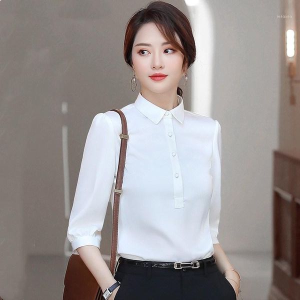 

new arrival women turn-down collar satin shirts spring summer button half sleeve solid blouses1, White