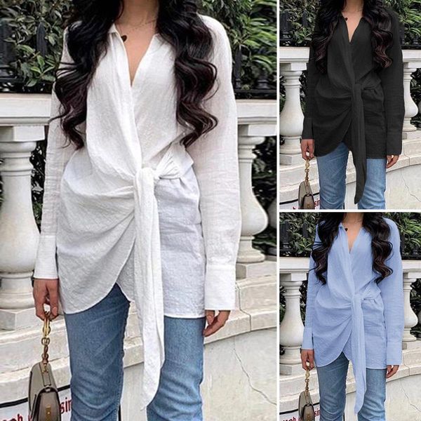 

zanzea plus size stylish blouse women summer straps lapel neck long sleeve shirt female casual solid blusas cotton chemise, White