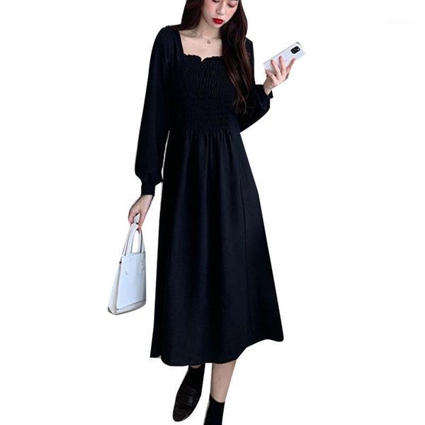 

casual dresses women's spring autumn style dress solid color long sleeve square neck elegant vintage ss36601, Black;gray