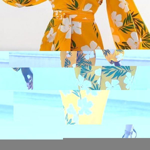 

yellow printed dress v neck white flower long lantern sleeve bodycon dress high waist women african plus size robe femme1, Black;gray