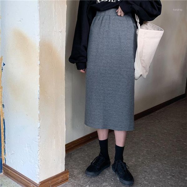 

5colors elegant knitted skirts women pencil skirt elastic waist split bodycon skirt 2020 autumn winter female mujer long skirts1, Black