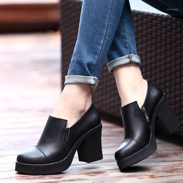 

weibate leather footwear 2020 new thick heel shoes rubber non-slip female shoes side zipper waterproof platform women's1, Black